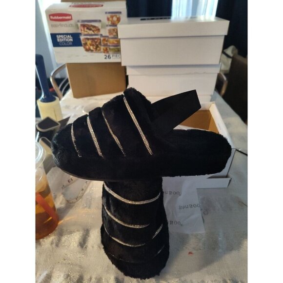 Bamboo Women's Black Fur Rhinestone Slingback Slippers Comfy Warmness Size 9‎ - Picture 3 of 8